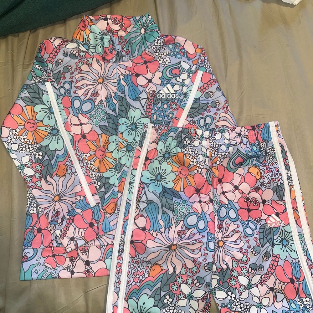 Adidas Pink and Blue Pajama Set with Floral Design